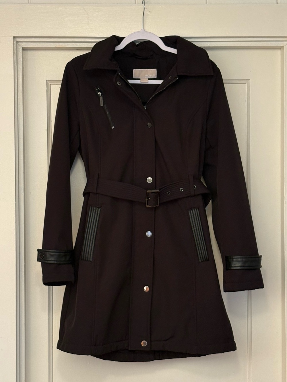 Michael Kors Black Leather-Trim Belted Trench